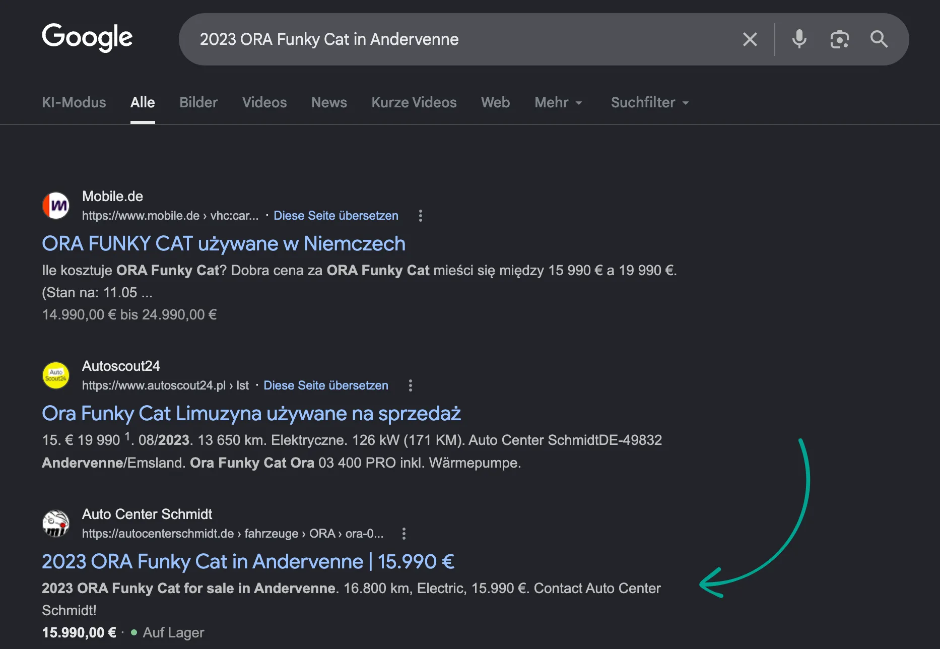 Google-Suche: Autohaus auf Platz 3 neben mobile.de und AutoScout24