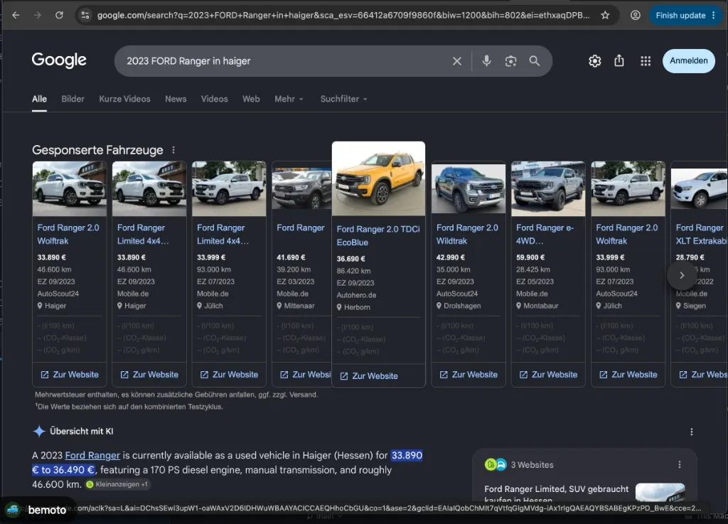 Google Search: Sponsored vehicles — same car via AutoScout24 and mobile.de