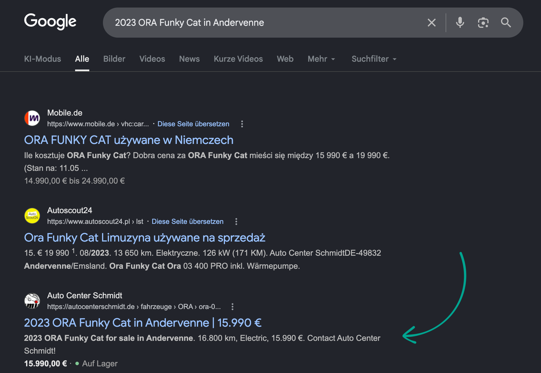 Google search results showing Auto Center Schmidt ranking #3 for '2023 ORA Funky Cat in Andervenne'